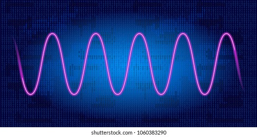 Neon wave graph. Schedule tracking of processor status, disk monitoring, CPU indicator or RAM on binary code background.