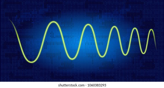 Neon wave graph. Schedule tracking of processor status, disk monitoring, CPU indicator or RAM on binary code background.