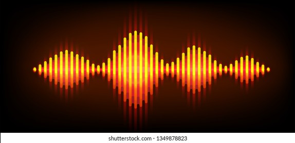 Neon wave sound vector background. Music soundwave design, orange light elements isolated on dark backdrop. Radio frequency beat lines.