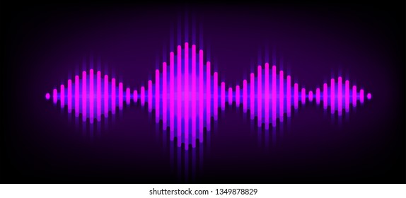 Neon wave sound vector background. Music soundwave design, purple light elements isolated on dark backdrop. Radio frequency beat lines.
