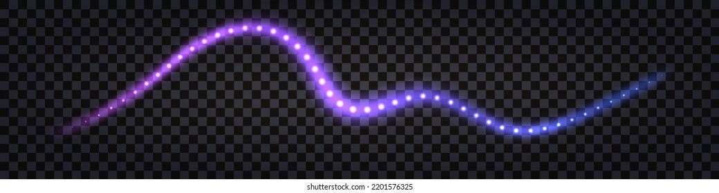 Neon wave swirl swoosh,purple and blue glowing light, laser beam shine, sparkles. Wavy durve lines, dynamic twirl, electric impulse thunder bolt. Isolated transparent vector illustration