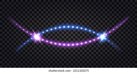 Neon wave swirl swoosh,purple and blue glowing light, laser beam shine, sparkles. Arc durve lines, dynamic twirl, electric impulse thunder bolt. Isolated transparent vector illustration