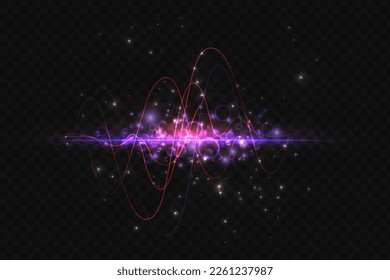 Neon waves of energy or sound and glowing particles with purple light effect vector illustration. Abstract bright digital soundwave or laser swirls and curves in movement, voice or song track