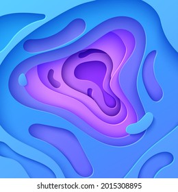 Fondo ondulado en estilo de corte de papel. Plantilla de pancarta abstracta con ondas cortadas. Tarjeta de degradado de color azul y violeta con agujeros de forma fluidos. Cubierta vectorial con formas geométricas lisas de origami.
