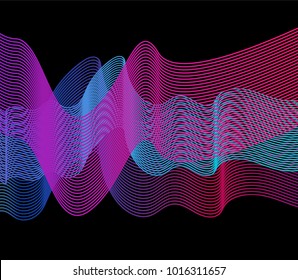 Neon wavy lines on dark background with moire effect. 