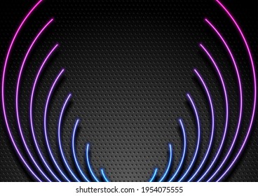 Neon wavy round shapes on dark perforated background. Futuristic blue purple laser rays abstract vector design