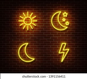 Neon weather sign vector isolated on brick wall. Sun, moon, star, lightning light symbol, decoration effect. Neon forecast  illustration.