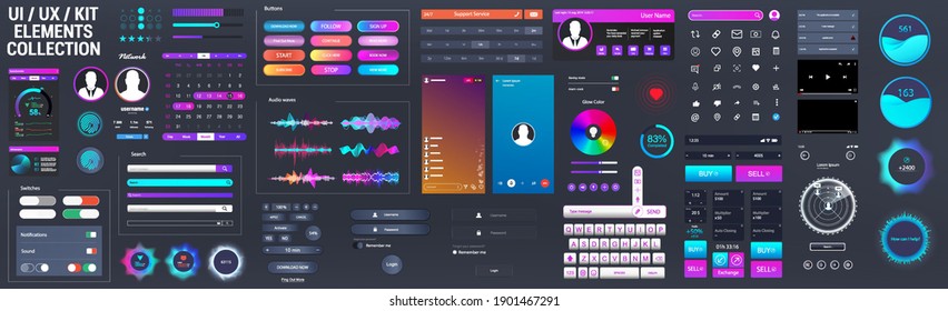 Conjunto de elementos de red, ui, ux y kit. Elementos de interfaz universales para aplicaciones móviles o diseño web. Mockup - botones, modificadores, búsqueda, pantalla, calendario de barras, reproductor de vídeo. UX de interfaz de usuario de vector