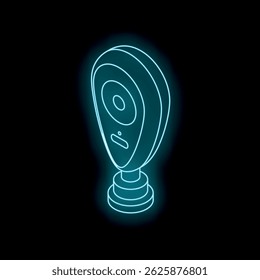 Neon webcam glowing on dark background, representing online presence, video conferencing, and data privacy concerns