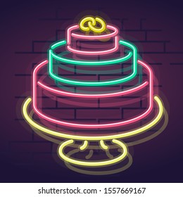 Neon wedding cake. Sqaure night illuminated wall street sign for post or card. Square illustration on brick wall background.