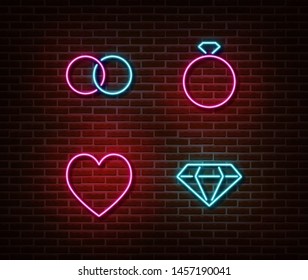 Neon wedding signs vector isolated on brick wall. Wedding rings, diamond, heart light symbol, decoration effect. Neon love illustration.