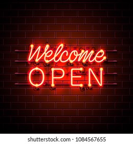 Neon welcome open signboard on the brick wall background. Vector illustration