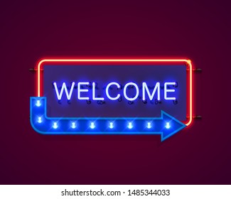 Neon welcome open signboard on the red background. Vector illustration