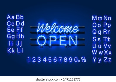 Neon welcome open signboard on the brick wall background. Vector illustration