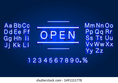 Neon welcome open signboard on the brick wall background. Vector illustration