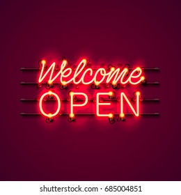 Neon welcome open signboard on the red background. Vector illustration