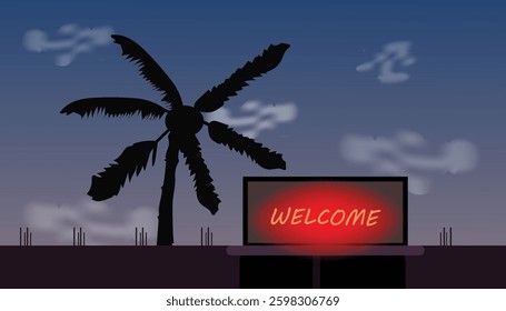 Neon welcome sign at sunset vector illustration design background