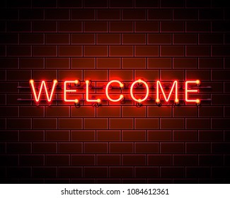 Neon welcome signboard on the red background. Vector illustration