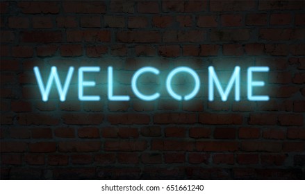 Neon welcome word. Realistic vector letters on the illuminated brick wall