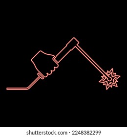 Máquina de soldadura de neón en la mano herramienta eléctrica de sujeción usar Brazo usando equipo Spark electrode color rojo ilustración vectorial estilo plano luz