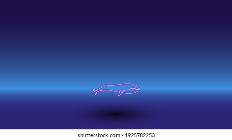 Neon whale symbol on a gradient blue background. The isolated symbol is located in the bottom center. Gradient blue with light blue skyline
