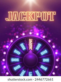 Neon wheel of fortune. Jackpot text with spinning lucky roulette on a bright glowing background. Vector illustration.