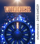 Neon wheel of fortune. Winner text with spinning lucky roulette on a bright glowing background. Vector illustration.