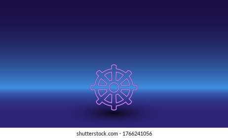 Neon wheel symbol on a gradient blue background. The isolated symbol is located in the bottom center. Gradient blue with light blue skyline