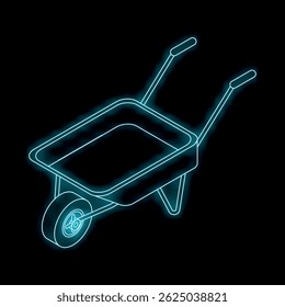 Neon wheelbarrow glowing on a black background, an illustration of a gardening tool