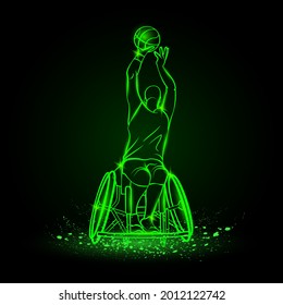 Neon wheelchair basketball sport background. Basketball player with varying physical disabilities.