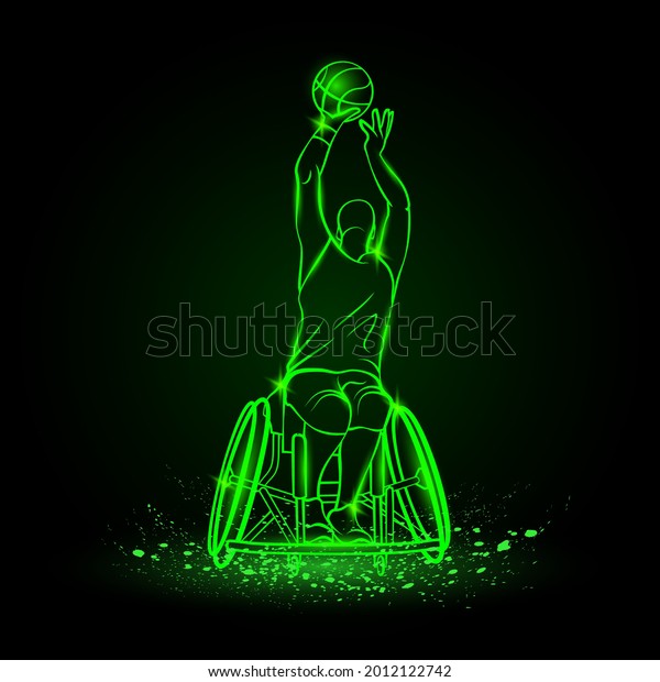 Neon wheelchair basketball\
sport background. Basketball player with varying physical\
disabilities.