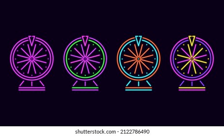 Neon wheels of fortune. Glowing purple roulette wheel for random gambling win and vector lucky jackpot