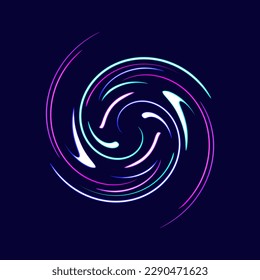 Neon whirl. Abstract random spiral. Glowing circle. Bright colors swirl on a dark blue background. Vertigo concept. Wave ripple idea. Hypnotic effect. Vector illustration. Cyan, magenta, white ring.