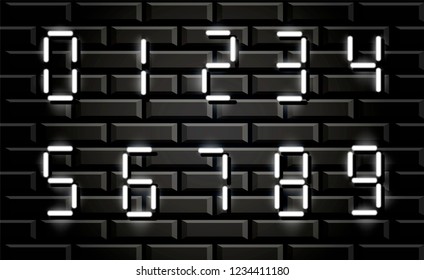 Neon white electronic digital numbers on grunge brick wall. Vector