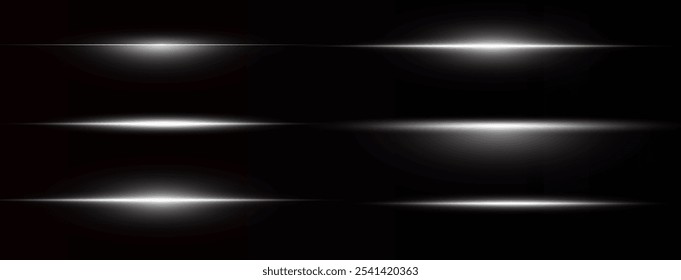 Neon white horizontal speed lines. Laser lines of light. Horizontal neon light. Glowing stripes. Laser beams. light lines of movement and speed in neon color. A beautiful flash of light and sparks.