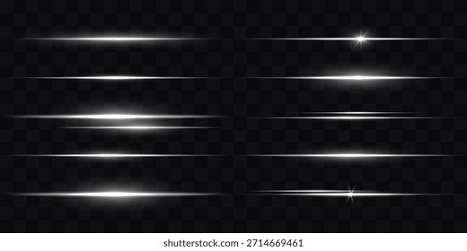 Neon white horizontal speed lines. Laser beams, horizontal beams. Horizontal neon light. Glowing stripes on a black background. Neon light laser silver lines with flash effect. Laser lines of light.