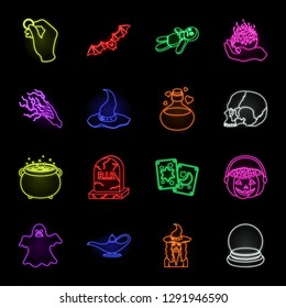 neon and white magic neon icons in set collection for design. Attributes and sorceress accessories vector symbol stock web illustration.
