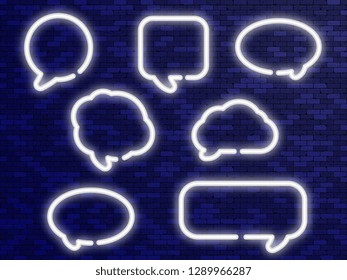 Neon white speech bubbles on brick wall background. Vector illustration.
