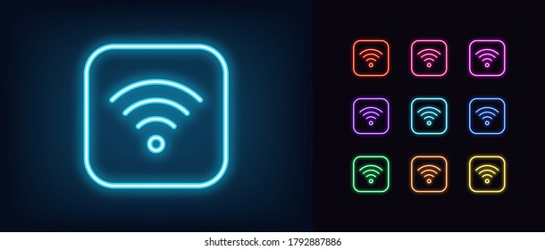 Neon wifi icon. Glowing neon wi fi sign, wireless internet technology in vivid colors. Wifi button, mobile internet hotspot. Bright icon set, sign, symbol for UI design. Vector illustration