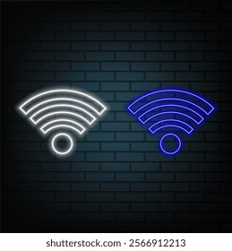 Neon wifi icon. Glowing neon wi fi sign, wireless internet technology in vivid colors. Wifi button, mobile internet hotspot. Bright icon set, sign, symbol for UI design. Vector illustration.