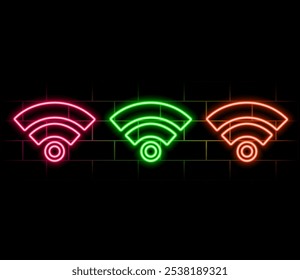 Ícone neon wifi, logo. Vetor de acesso de wlan brilhante, sinal de sinal de hotspot sem fio, ícone, símbolo..