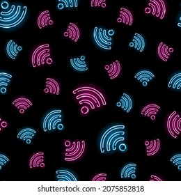 Neon wi-fi seamless pattern with blue and pink icons on black background. Wireless, internet, web, wifi concept. Vector 10 EPS illustration.