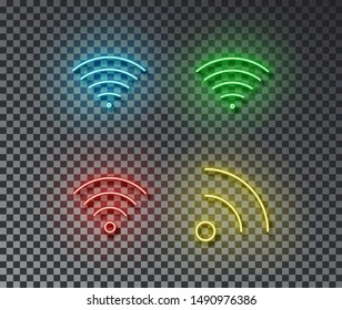 Neon wifi signs vector isolated on brick wall. Network wi fi light symbol, decoration effect. Neon internet illustration.