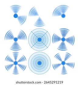 Símbolo Neon Wi-Fi pisca com ritmo de animação de pulso. Radar ciano varre com ondas de campo magnético brilhantes. Anéis sonares digitais ecoam em torno do núcleo de detecção. Refletores de som