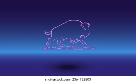 Neon wild buffalo symbol on a gradient blue background. The isolated symbol is located in the bottom center. Gradient blue with light blue skyline