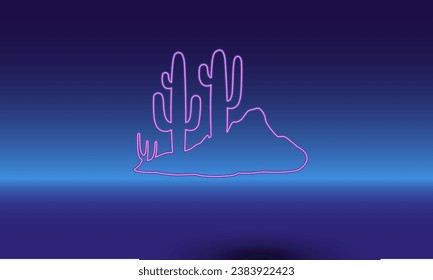 Símbolo de cactus salvaje neón sobre fondo azul gradiente. El símbolo aislado está situado en el centro inferior. Azul degradado con horizonte azul claro