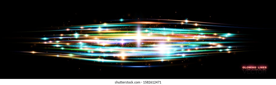 Neon wind lines. Glow effect. Beautiful light. Glint cosmic rays. Power energy. Futuristic wave Flash. Magic sparks. Mystical shine streaks. Empty place. Abstract background. Vector.