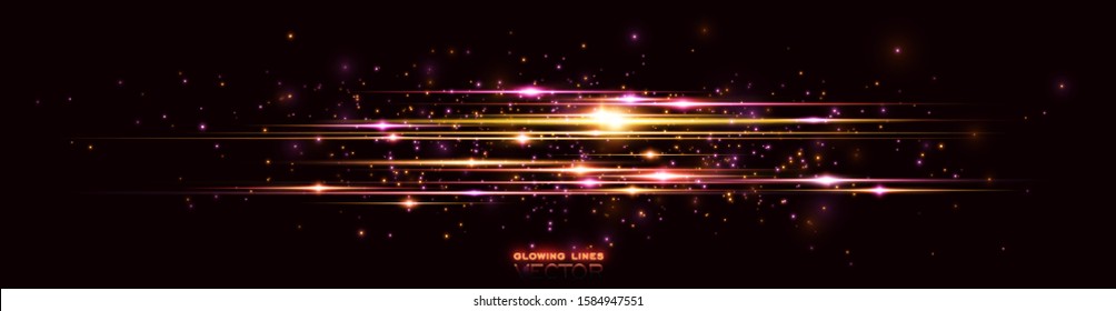 Neon wind lines. Glow effect. Beautiful light. Glint cosmic rays. Power energy. Futuristic wave Flash. Magic sparks. Mystical shine streaks. Empty place. Abstract background. Vector.