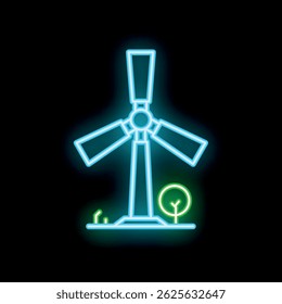 Neon windmill standing on field with grass and tree, symbolizing renewable energy and sustainability