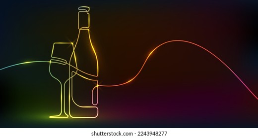 Neon wine bottle.Glass with a drink .Night bar, restaurant.Continuous line drawing.Vector illustration .